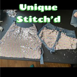 Sequence Jean shorts and sequence halter top with jean straps